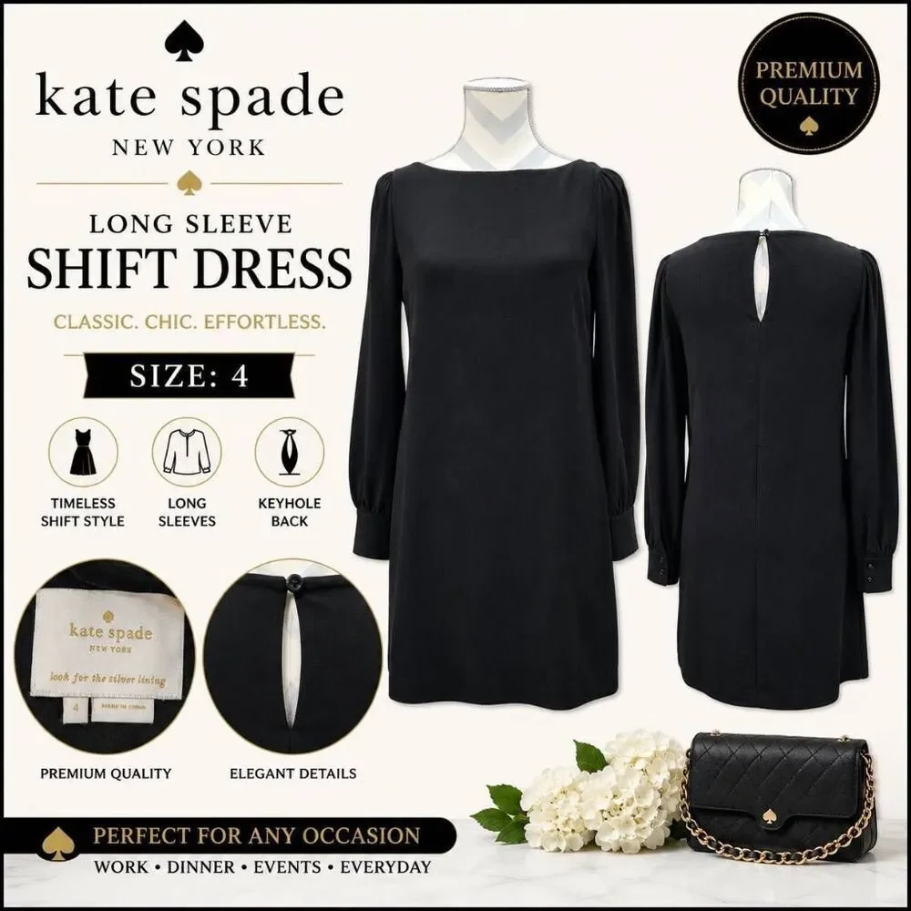 Kate Spade New York Black Long Sleeve Shift Dress Women's Size 4 Classic